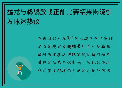 猛龙与鹈鹕激战正酣比赛结果揭晓引发球迷热议